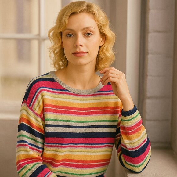 Liz Claiborne Sweaters - Liz Claiborne XL Multicolor Striped 100% Cotton Sweater Preppy Retro Classic